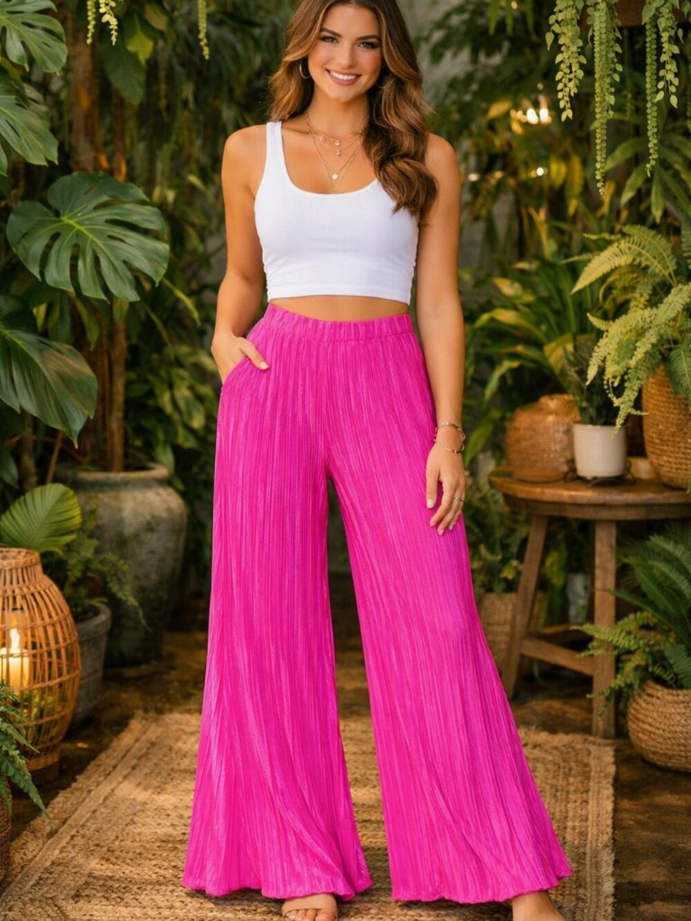 Good American Always Fit Plisse Groegette Wide Leg Pant Fuchsia Pink 3/4